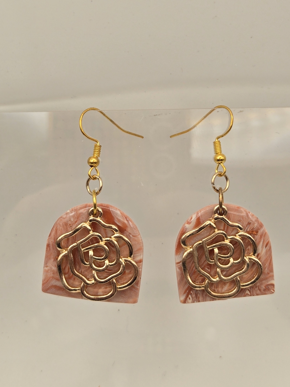 #124- Gold Rose-Accent Pink Marbled Drop Earrings